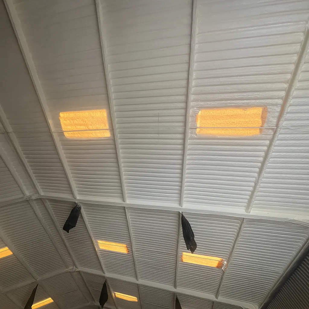 Enverge Nexseal LE closed-cell spray foam insulation applied to a commercial warehouse roof by ThermoFoam