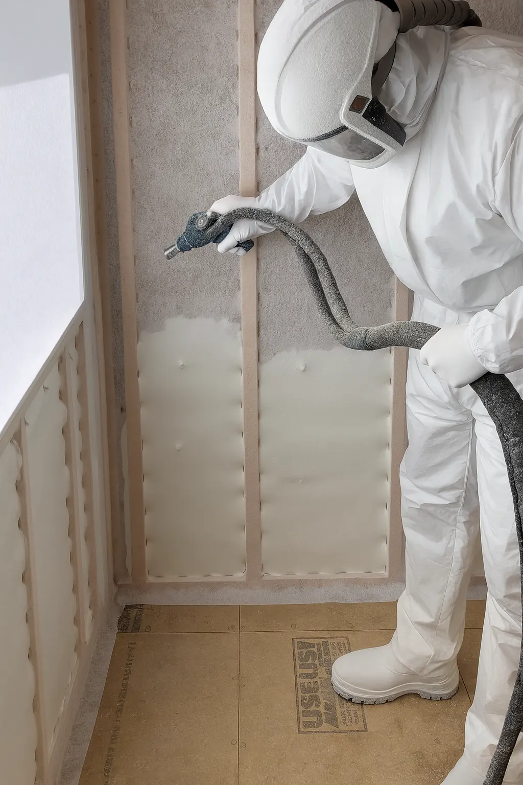 Spray foam being applied — manufactured in-situ, bonding directly to the substrate